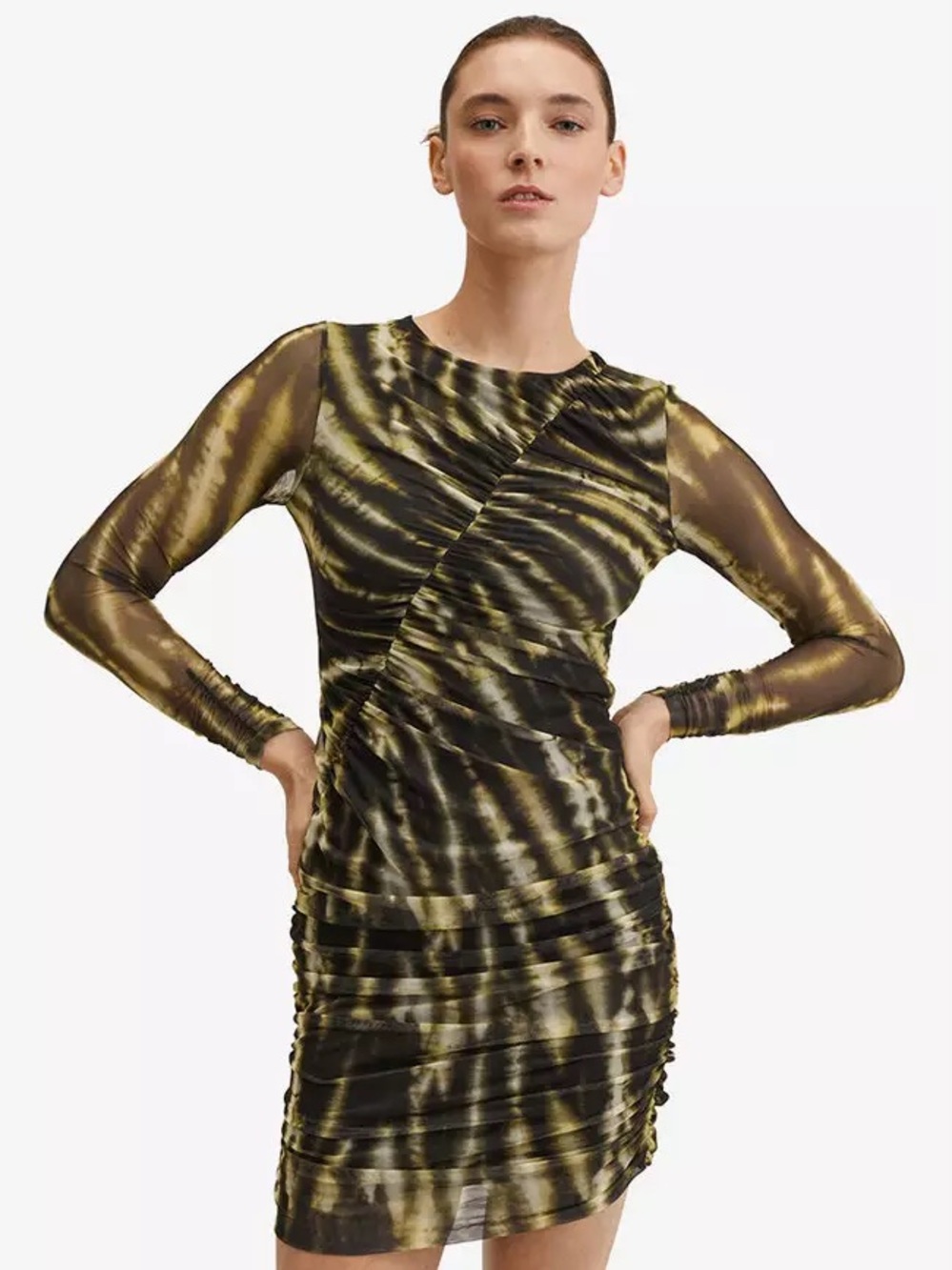 Mango Printed Ruched Sheer-Sleeve Dress